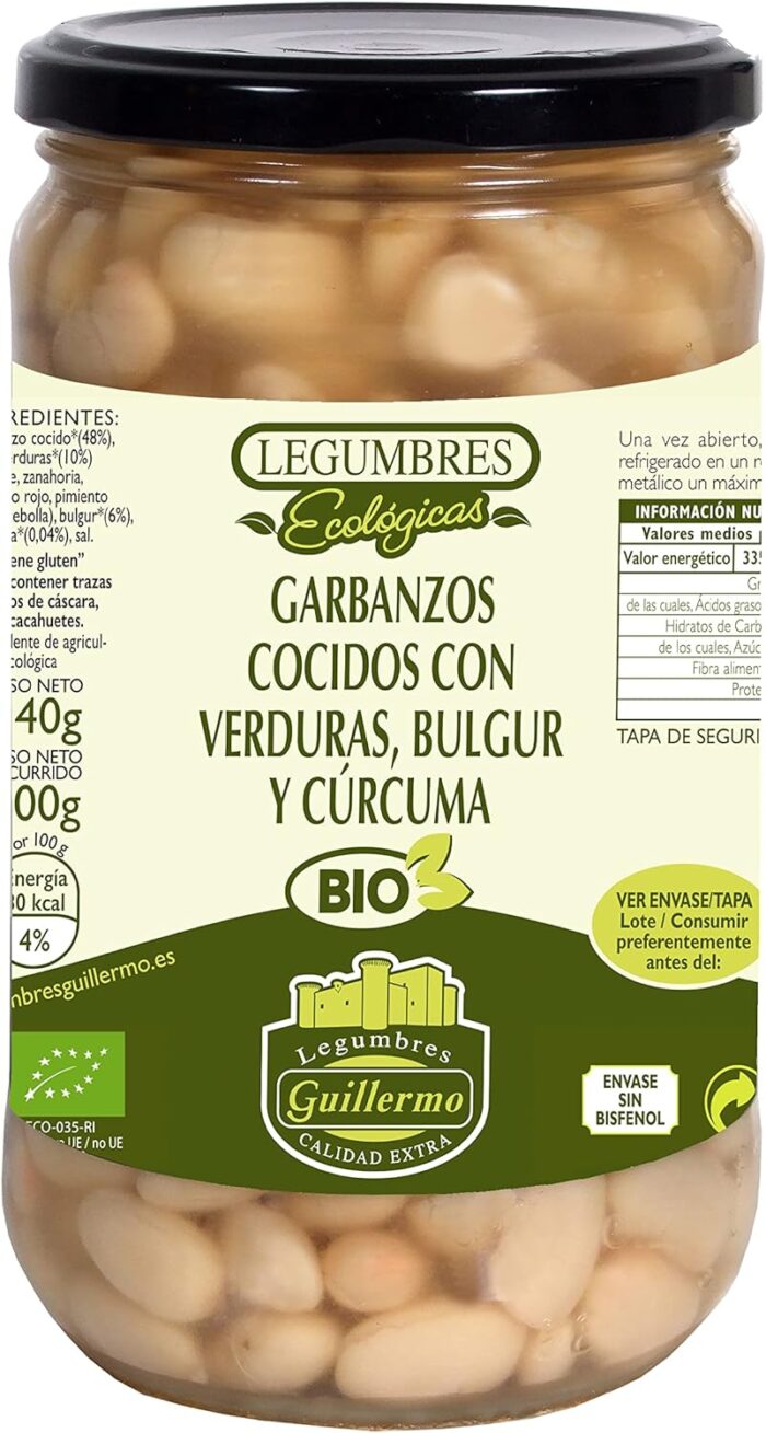 Garbanzos cocidos con verduras bulgur y cúrcuma BIO de Legumbres Guillermo
