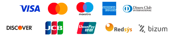 Visa - MasterCard - Maestro - American Express - Diners Club - Discover - JCB - Union Pay - Redsys