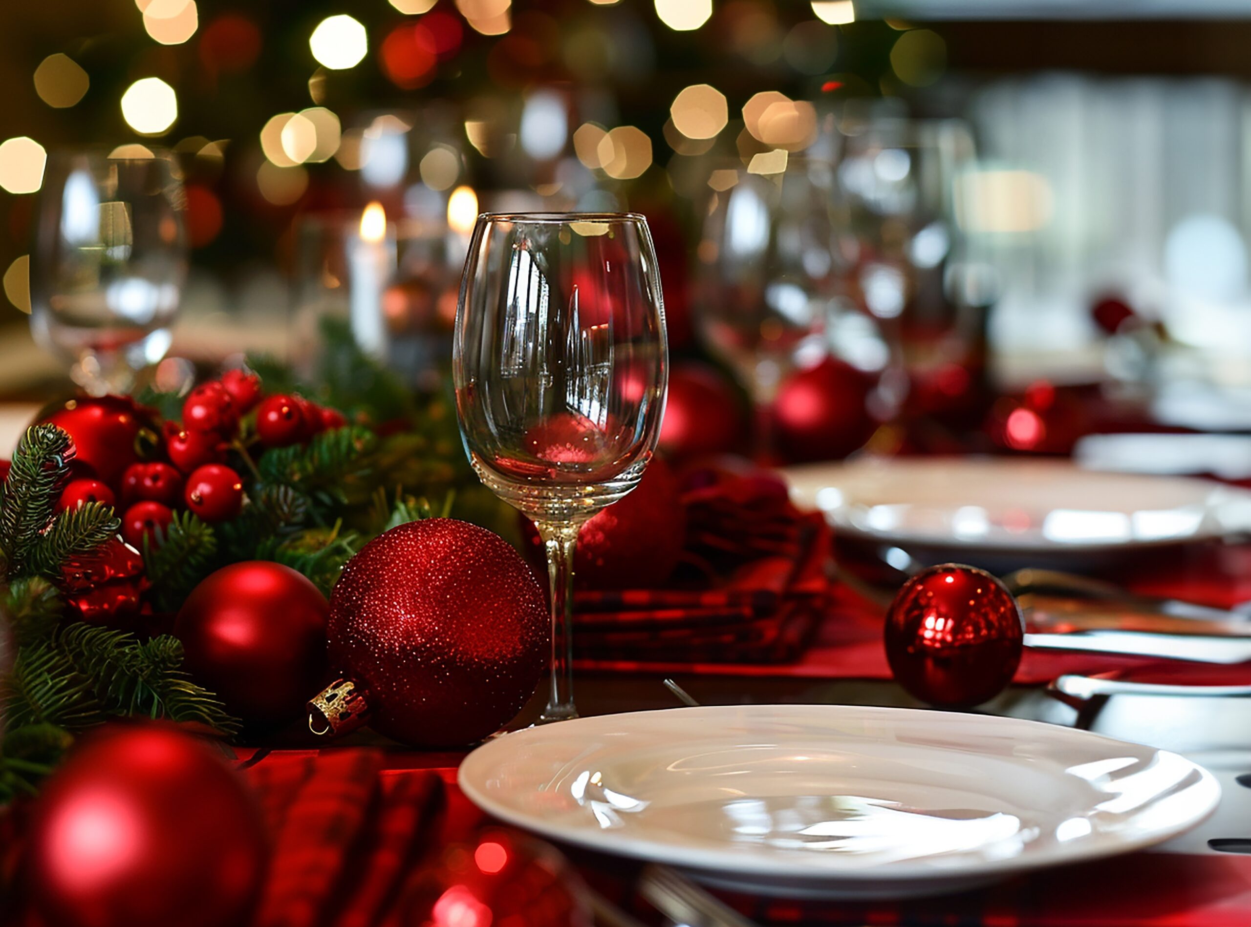 Mesa decorada con motivos navideños para ejemplificar regalar cestas de Navidad