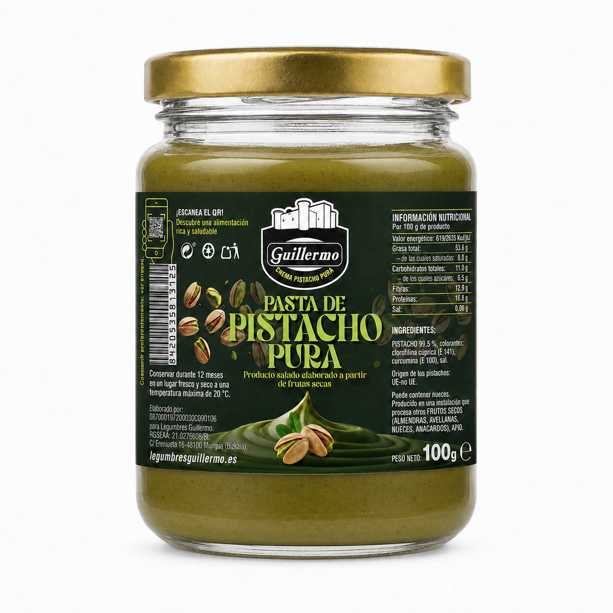 Tarro de pasta de pistacho pura Guillermo de 100 g con 99,5 % de pistacho