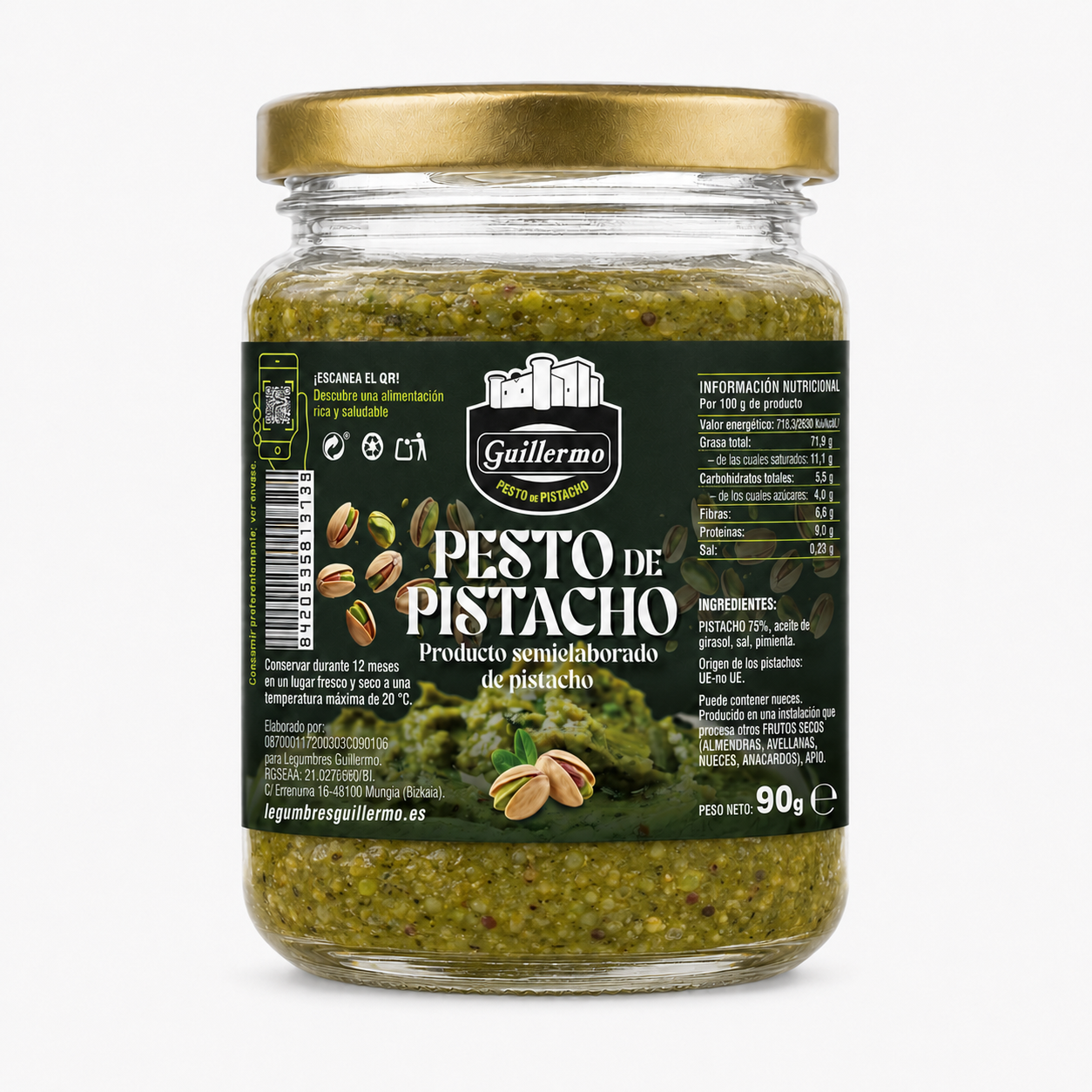 Tarro de pesto de pistacho Guillermo de 90 g elaborado con 75 % de pistacho